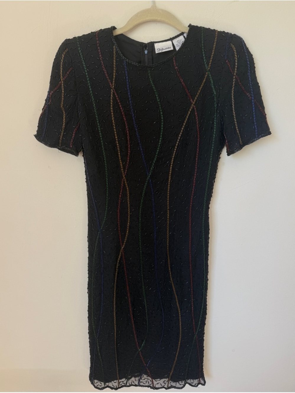Vintage 80s Styleworks Beaded Embellished 100% Silk Rainbow Cocktail Mini Dress